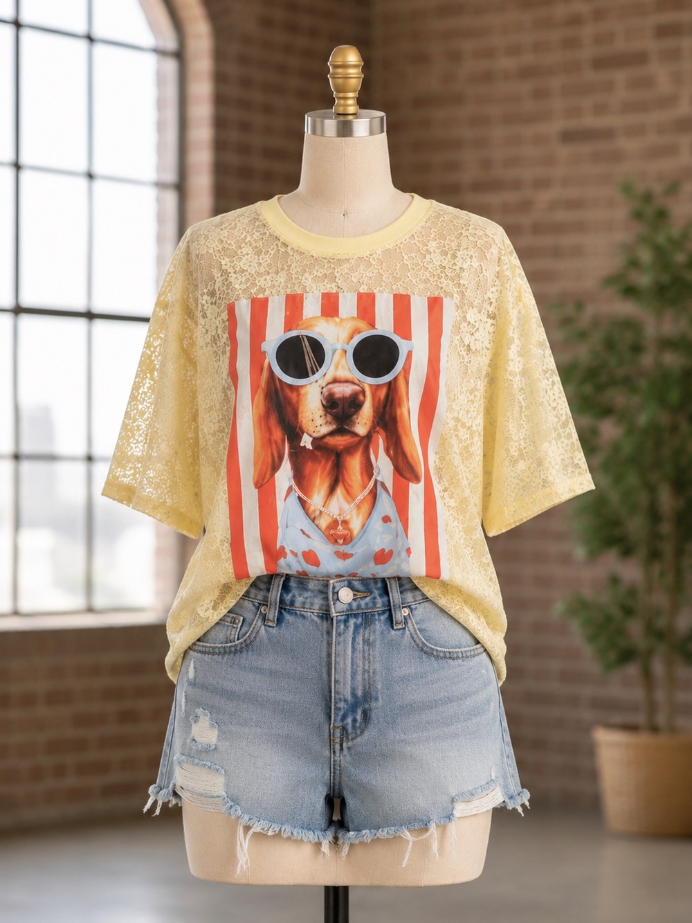 Yellow Lace Dog Graphic Tee by